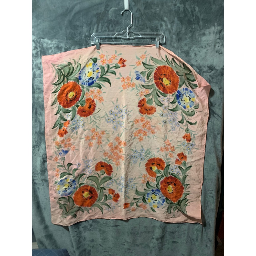 Vintage Silk Scarf Women 33x36 Floral Pink Orange Blue Hand Painted Style